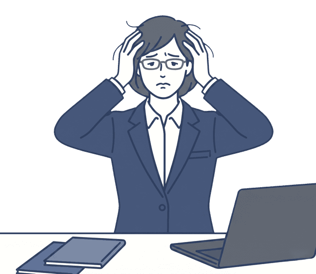 紺色のスーツの女性が頭を両手で抱え、困った表情をしているイラスト。