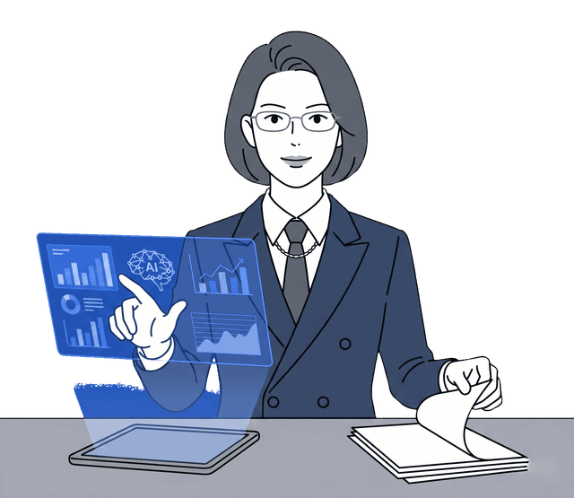 紺色のスーツの女性がAIツールを使い、書類を分析しているイラスト。