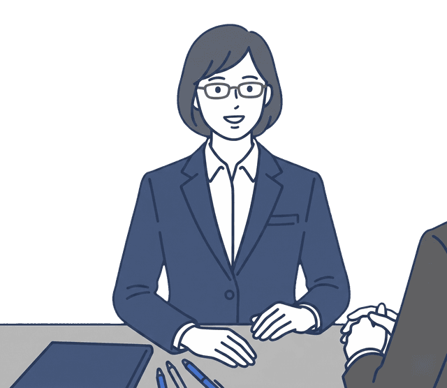 紺色のスーツの女性税理士がお客様と向き合って会話しているイラスト。