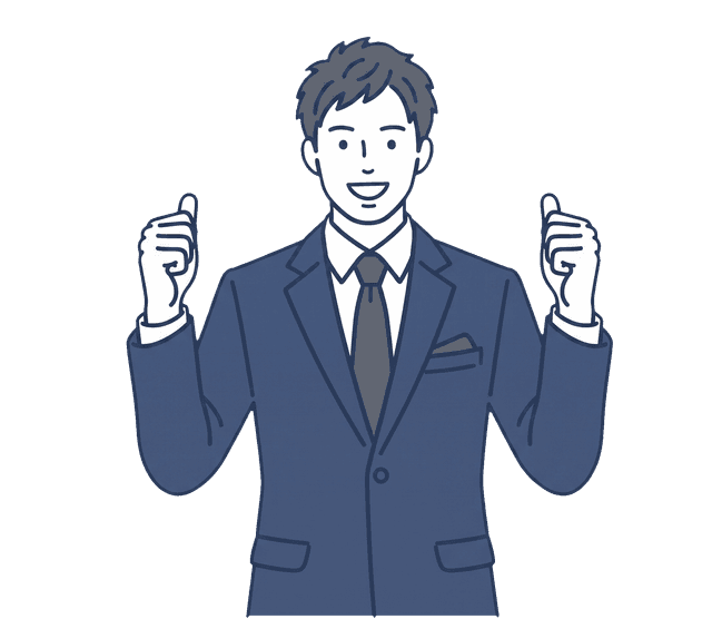 紺色のスーツのビジネス男性が両手でガッツポーズを作り、達成感のある笑顔を見せているイラスト。
