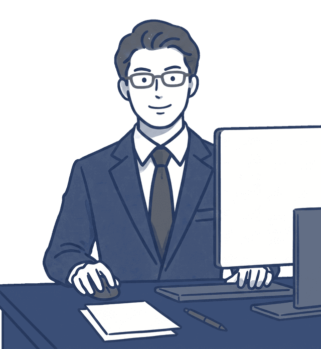 スーツ姿のビジネス男性がノートパソコンでクラウド会計ソフトを操作しているイラスト