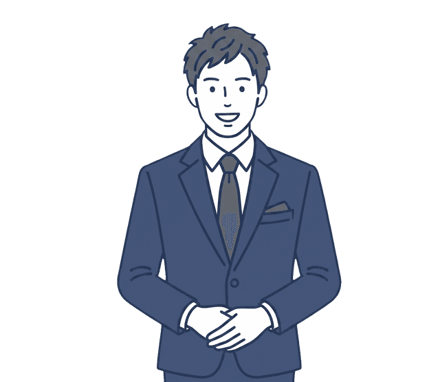 紺色のスーツの男性が正面を向いて全身で立ち、軽く微笑んでいるイラスト。