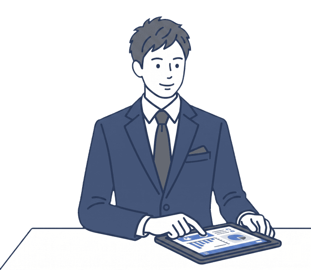 紺色のスーツの男性がタブレットを手に持ち操作しているイラスト。