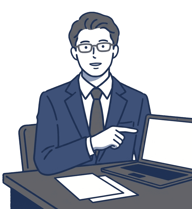 スーツ姿のビジネス男性がパソコン画面を指差しながら説明しているイラスト