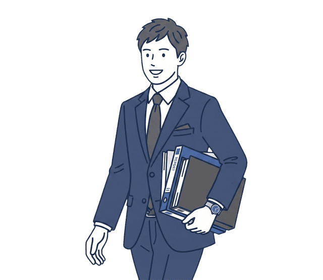 紺色のスーツの男性が複数のファイルを脇に抱え、歩いているイラスト。