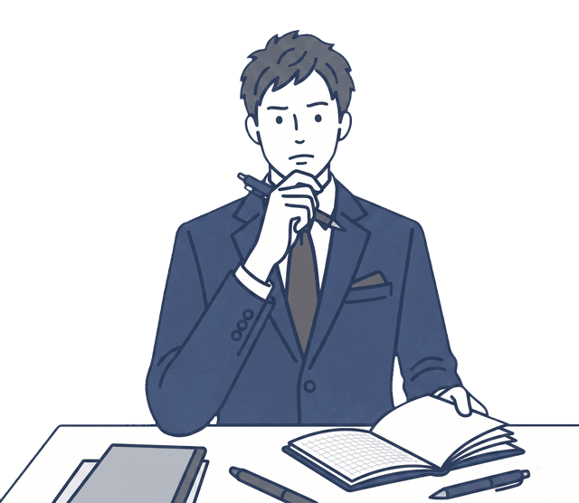 紺色のスーツの男性がペンを口元に当て、考え込んでいるイラスト。