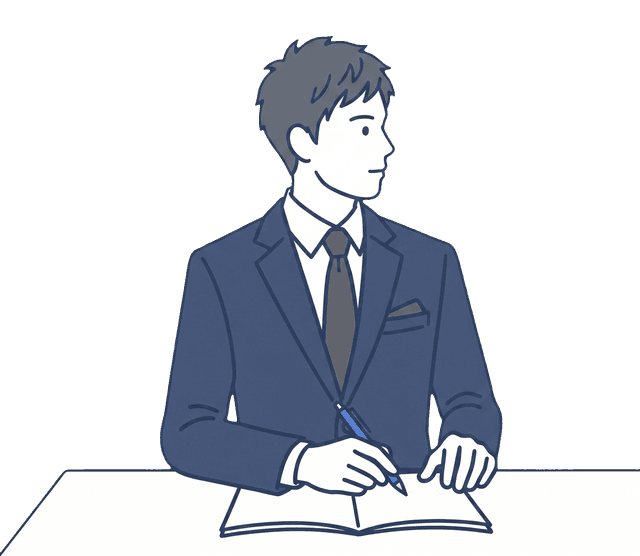 紺色のスーツの男性がノートにメモを取りながら相手の話を聞いているイラスト。
