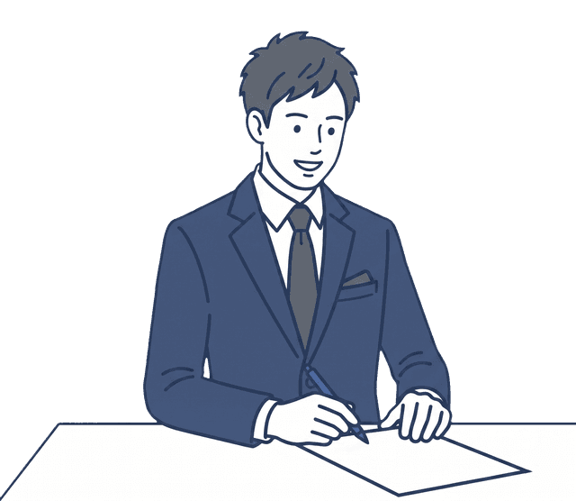 紺色のスーツの男性がペンを持ち、書類にサインしているイラスト。