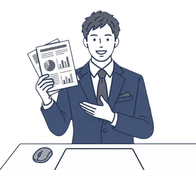 紺色のスーツの男性が書類を手に持ち、説明しているイラスト。