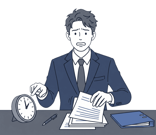 紺色のスーツの男性が期限が迫り、焦った表情を見せているイラスト。