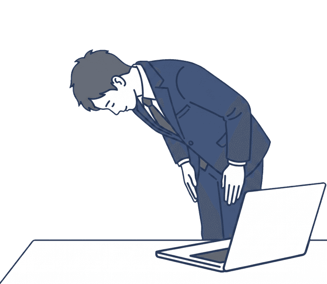 紺色のスーツの男性が両手を前で揃え、深くお辞儀しているイラスト。