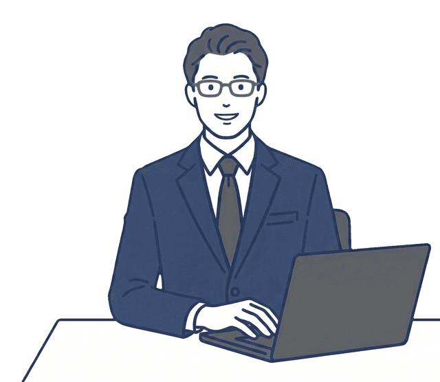 紺色のスーツの男性がパソコンに向かい、笑顔で作業しているイラスト。