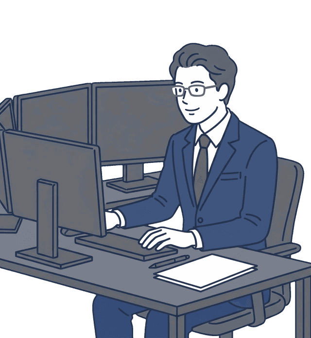 スーツ姿のビジネス男性が複数のモニターを見ながら情報を確認しているイラスト