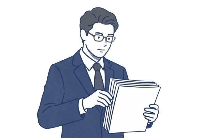 スーツ姿のビジネス男性が複数の書類を両手で抱えて整理しているイラスト