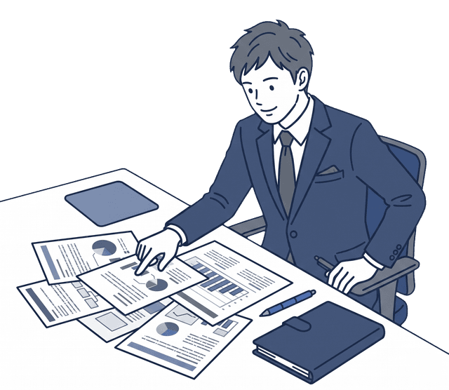 紺色のスーツの男性が机に資料を広げ、確認しているイラスト。