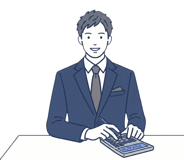 紺色のスーツの男性が電卓を操作しながら、書類を見て計算しているイラスト。