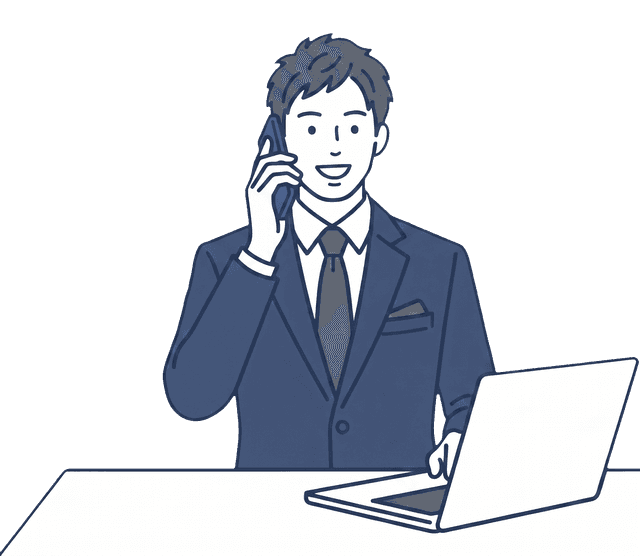 紺色のスーツの男性がスマートフォンを耳に当て、笑顔で電話対応しているイラスト。