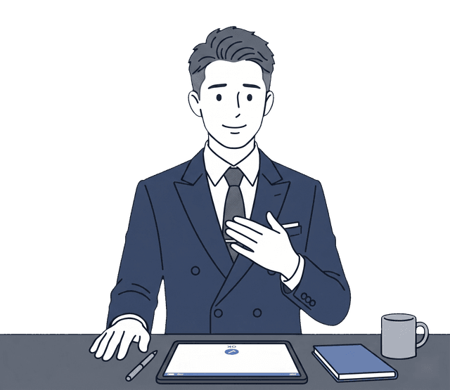 紺色のスーツの男性がパソコン画面のAI回答を見て安心した表情をしているイラスト。