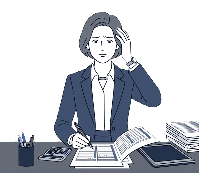 カジュアルな服装の女性がノートパソコンを前に確定申告書類で悩んでいるイラスト。