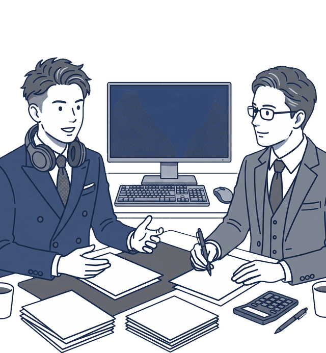 プロゲーマーとして活動する若い男性がゲーミングPCの前で大会賞金や配信収益の所得区分について税理士に相談しているイラスト