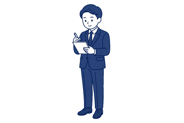 紺色のスーツ姿の男性が、ペンを持ってクリップボードの書類に記入しているイラスト。