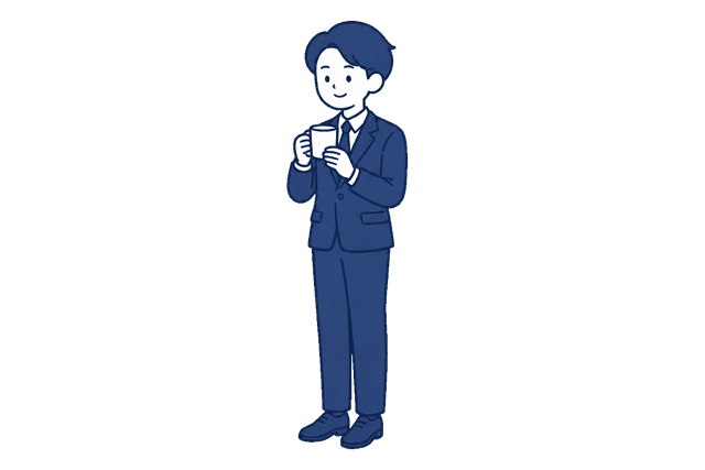 紺色のスーツ姿の男性が、両手でマグカップを持って一息ついているイラスト。