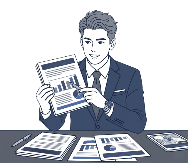 スーツの男性不動産オーナーが税理士と税金対策について相談しているイラスト。