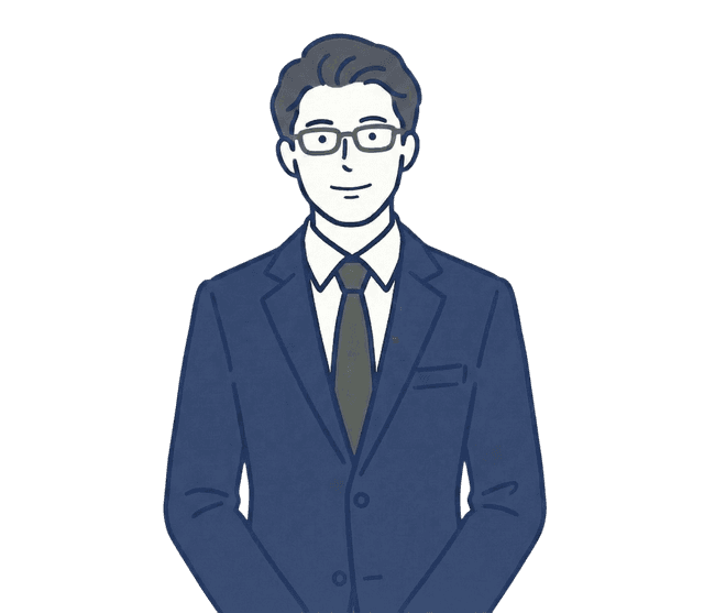 眼鏡をかけた紺色のスーツの男性が正面を向いて両手を前で揃え、穏やかに微笑んでいる腰から上のイラスト。