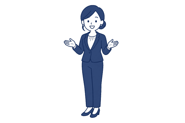 髪をまとめた紺色のスーツの女性が、両手を胸の前に広げて笑顔で話しているイラスト。