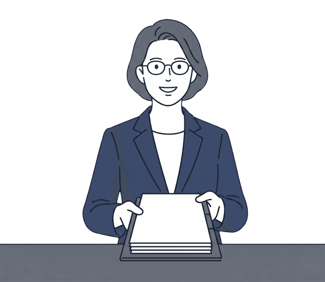 中年の女性が書類を手に持ち、窓口に来ているイラスト。