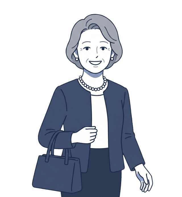 中年女性が相談を終えて笑顔で事務所から帰っていくイラスト