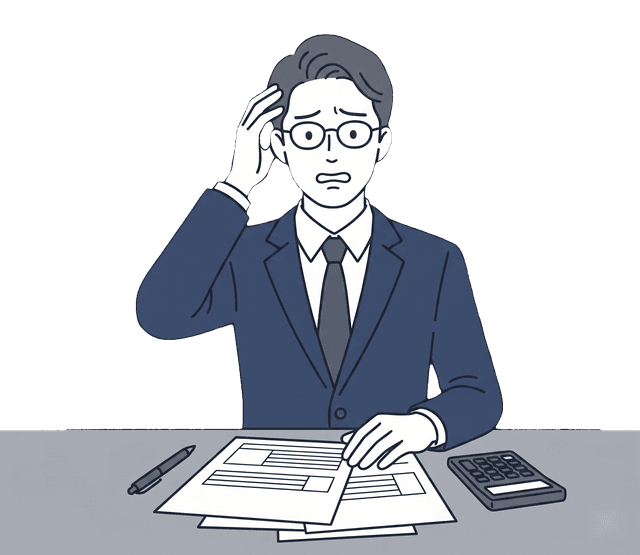 中年の男性が確定申告の書類を前に頭を抱え、困った表情をしているイラスト。