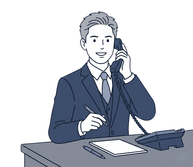 紺色のスーツの女性スタッフが受話器を耳に当て、電話に対応しているイラスト。