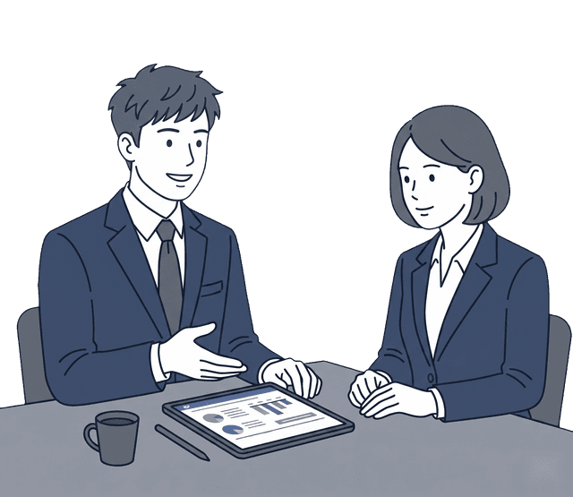 士業の先生がパソコン画面のAIツールを参照しながら、お客様にアドバイスしているイラスト。