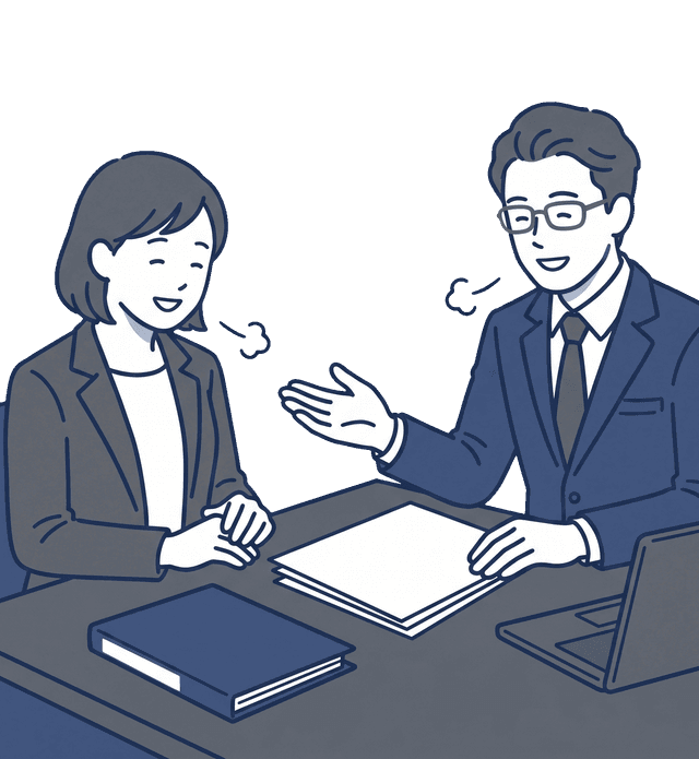 士業の先生とお客様が一緒に問題を解決してほっとしているイラスト