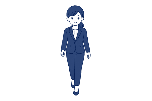 紺色のパンツスーツを着た女性が、前を向いて一歩踏み出して歩いているイラスト。