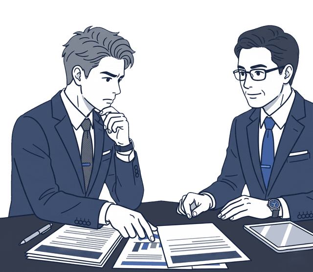カジュアルな服装の男性が税理士と副業の税務について相談しているイラスト。