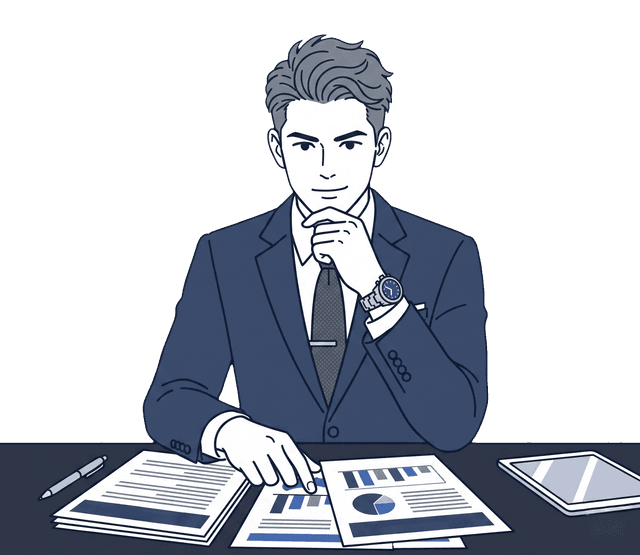 力強い印象の男性経営者がデスクの書類を前に、経営改善について考えているイラスト。