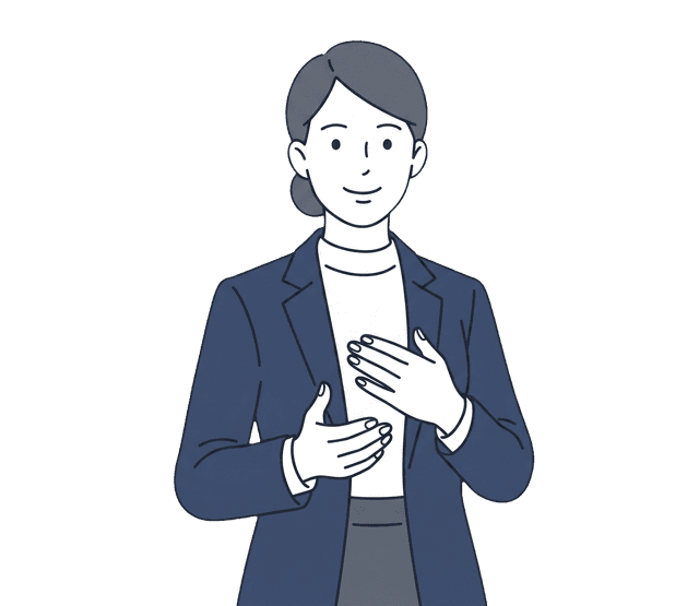 受付カウンターの紺色スーツの女性スタッフが、笑顔でお客様を出迎えているイラスト。