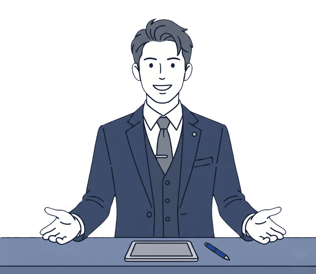 受付カウンターの紺色スーツの男性スタッフが、笑顔でお客様を出迎えているイラスト。