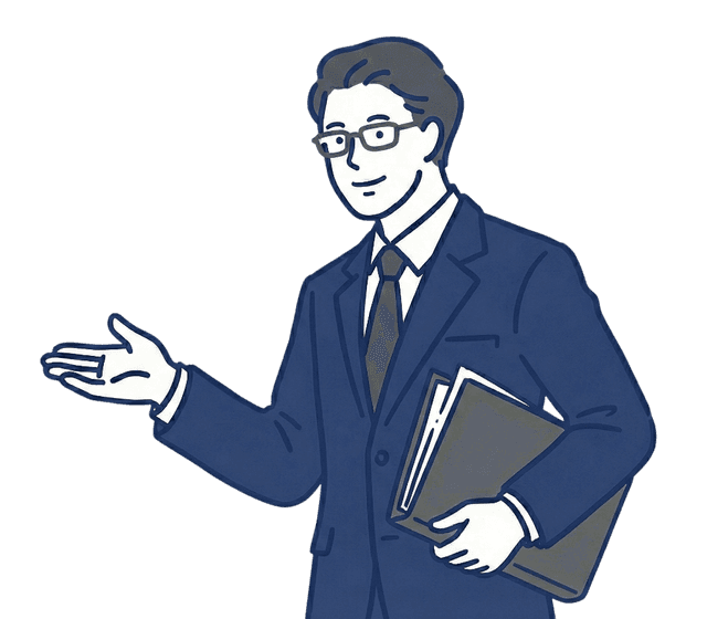 眼鏡をかけた紺色のスーツの男性が左手に黒い書類ファイルを抱え、右手を開いて差し出し、何かを紹介・案内しているイラスト。