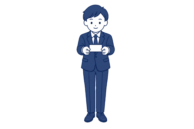 紺色のスーツとネクタイ姿の男性が、両手で名刺を差し出しているイラスト。