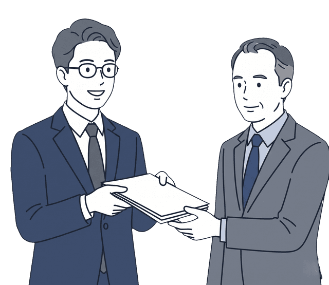 士業の先生がお客様に書類を両手で渡しているイラスト。