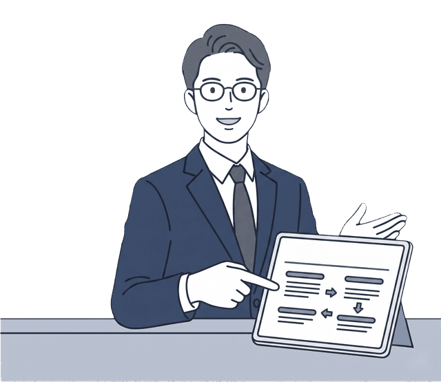 士業の先生がお客様に書類の節税ポイントを指差しながら解説しているイラスト。