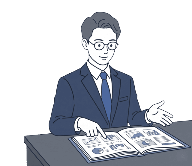 士業の先生がお客様の前に資料を広げ、わかりやすく説明しているイラスト。