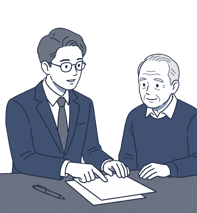 士業の先生がお客様の高齢男性に対して丁寧に書類を説明しているイラスト