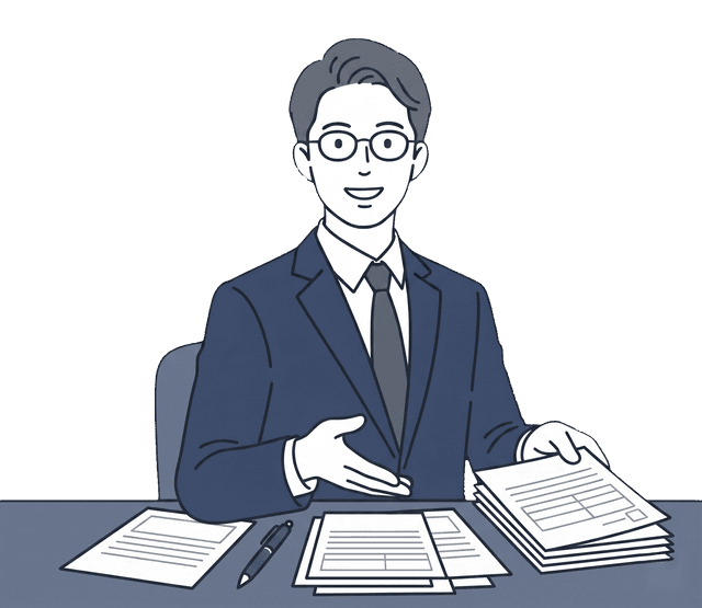 士業の先生がお客様に書類を見せながら申請手続きを丁寧に説明しているイラスト。