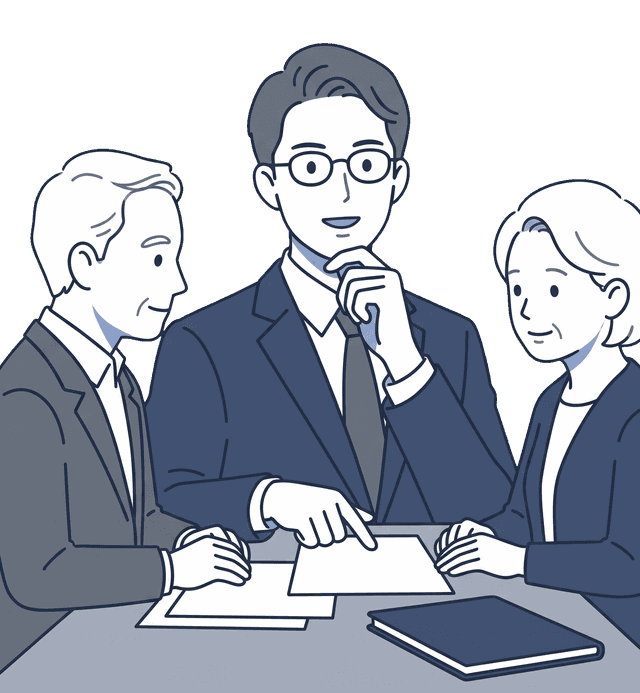 士業の先生が高齢のご夫婦に相続税の手続きについて説明しているイラスト