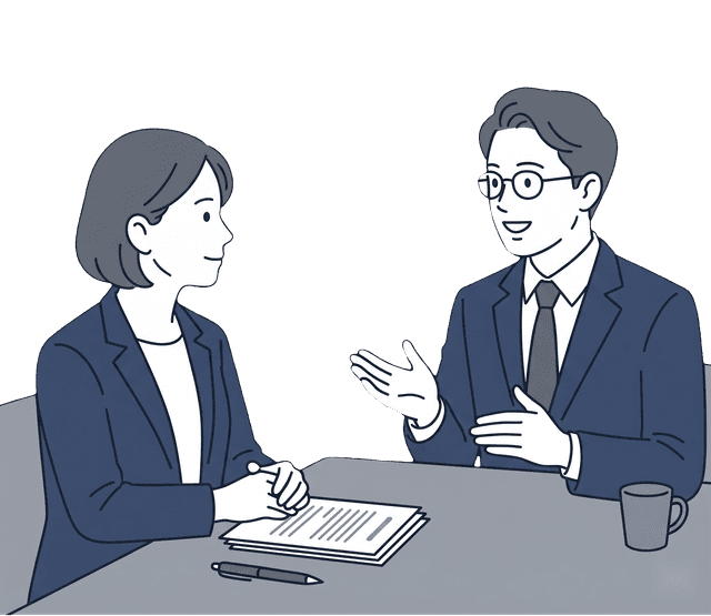 士業の先生とお客様がテーブルを挟んで向かい合い、話し合っているイラスト。
