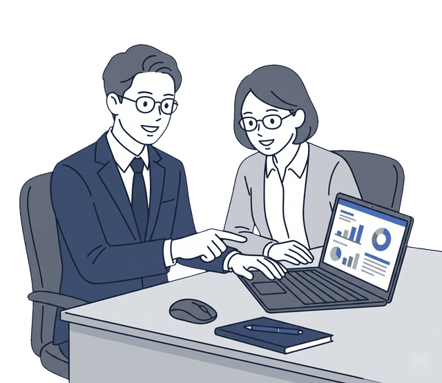 士業の先生とお客様が並んで一緒にパソコン画面を確認しているイラスト。